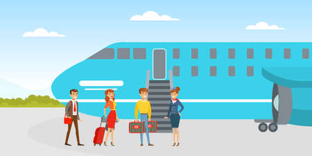 People Boarding on Airplane, Passenger and Stewardess Standing at Jet Ladder to Board for Travel in Airport Cartoon Vector Illustrationのイラスト素材