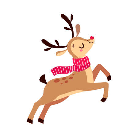 Cute Christmas Fawn Jumping with Red Waving Scarf, Merry Xmas and New Year, Happy Winter Holidays Concept Cartoon Style Vector Illustrationのイラスト素材