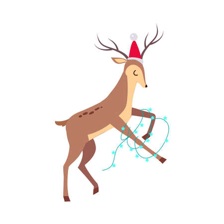 Beautiful Christmas Deer in Santa Hat with Garland, Merry Xmas and New Year, Happy Winter Holidays Concept Cartoon Style Vector Illustrationのイラスト素材