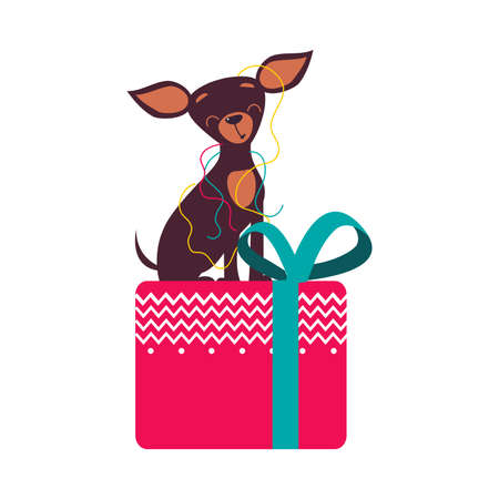 Funny Toy Terrier Dog Sitting on Presnt Box with Bow, Symbol of Xmas and New Year, Happy Winter Holidays Concept Cartoon Style Vector Illustrationのイラスト素材