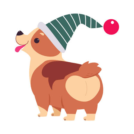 Funny Dog in Christmas Hat, Symbol of Xmas and New Year, Happy Winter Holidays Concept Cartoon Style Vector Illustrationのイラスト素材