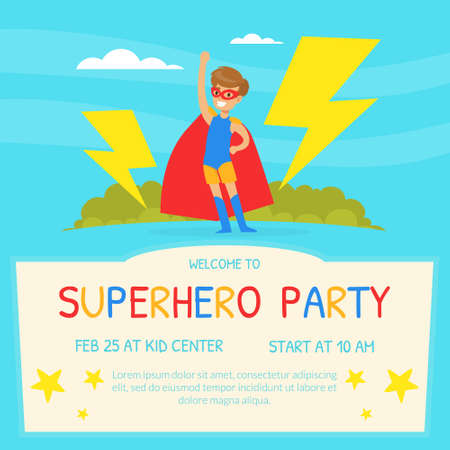 Superhero Party Invitation Card Template, Happy Birthday Poster for Kids, Kids Party Flyer Design Cartoon Vector Illustrationのイラスト素材