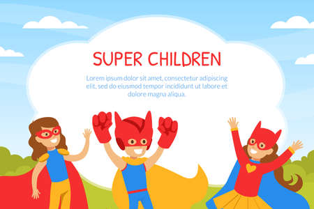 Super Children Banner Template with Space for Text, Birthday Party Poster, Invitation Card with Cheerful Kids Dressed in Superhero Costumes Cartoon Vector Illustrationのイラスト素材