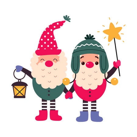 Christmas Gnomes Cartoon Characters, Merry Xmas and Happy New Year Vector Illustrationのイラスト素材