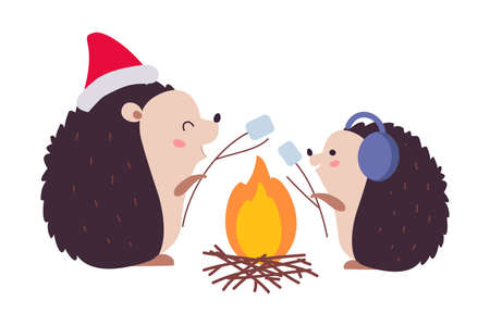 Lovely Hedgehogs Roasting Marshmallows over Campfire, Xmas Animal Cartoon Character, Merry Christmas and Happy New Year Vector Illustrationのイラスト素材