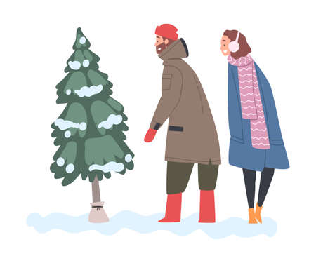 People Choosing Pine Tree in Forest, Merry Xmas and New Year Holidays Celebration Cartoon Style Vector Illustrationのイラスト素材