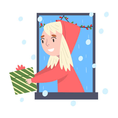 Smiling Blonde Girl Looking out of the Window, Kid Giving Christmas Gift to her Friend, Merry Xmas and New Year, Happy Winter Holidays Concept Vector Illustrationのイラスト素材