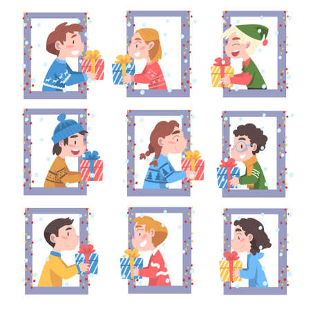 Cute Boys and Girls Looking out of the Windows Set, Kids Giving or Receiving Christmas Gifs, Merry Xmas and New Year, Happy Winter Holidays Concept Vector Illustrationのイラスト素材