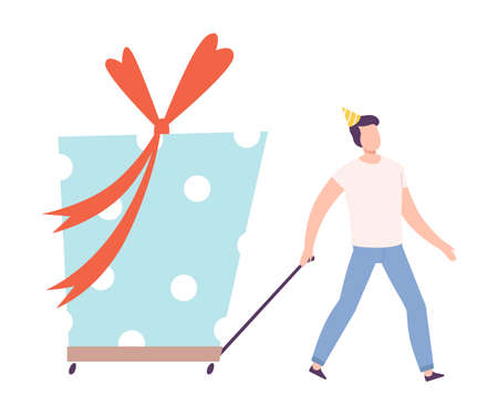Young Man Pulling Cart with Huge Gift Box, Tiny Person Celebrating Birthday or Important Event Cartoon Style Vector Illustrationのイラスト素材