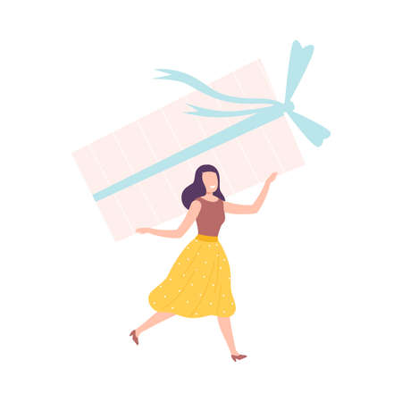 Woman Carrying Huge Present Box with Bow, Tiny Person Celebrating Birthday or Important Event Cartoon Style Vector Illustrationのイラスト素材