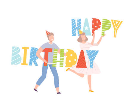 People Holding Letters Created the Word Happy Birthday, Tiny Person Celebrating Holiday Cartoon Style Vector Illustrationのイラスト素材