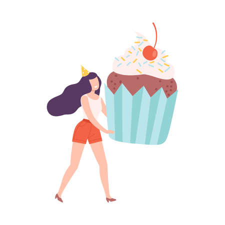 Young Man Carrying Huge Cupcake, Tiny Person Celebrating Birthday or Important Event Cartoon Style...