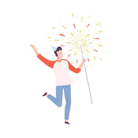 Young Man Exploding Firecracker, Tiny Person Celebrating Birthday or Important Event Cartoon Style Vector Illustrationのイラスト素材