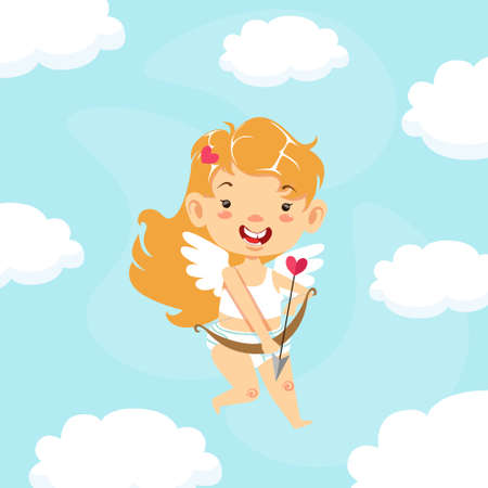 Cupid Baby Girl Angel Flying in Sky and Shooting with Bow, Adorable Angel Cherub Character Cartoon...