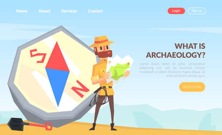 What is Archeology Landing Page Template, Man Scientist Character During Archaeological Researches Cartoon Vector Illustrationのイラスト素材
