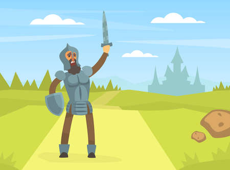 Medieval Knight Warrior in Full Armour Standing on Nature Landscape with Rised Sword Cartoon Vector Illustrationのイラスト素材