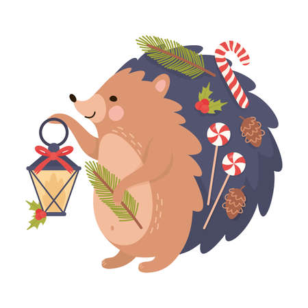 Cute Hedgehog as New Year Character Carrying Lantern Vector Illustrationのイラスト素材