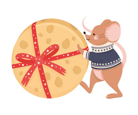Smiling Mouse as New Year Character in Knitted Sweater Pushing Huge Cheese Wheel Vector Illustrationのイラスト素材