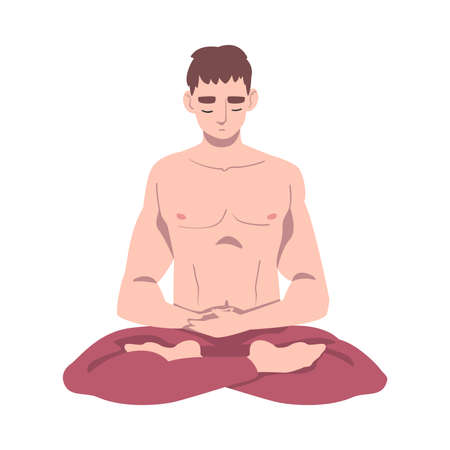 Male with Closed Eyes and Crossed Legs Sitting in Lotus Position Practising Yoga Vector Illustrationのイラスト素材
