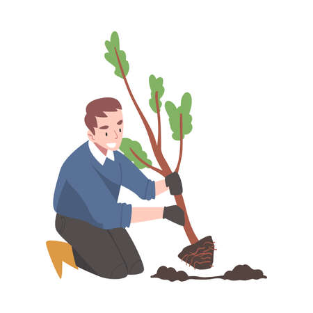 Young Man in Rubber Garden Boots Planting Tree Sapling Vector Illustrationのイラスト素材