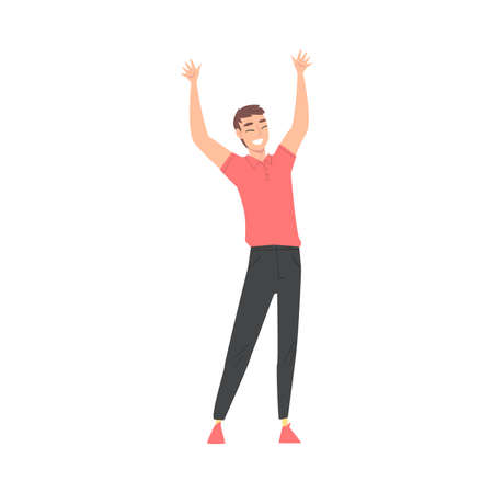Young Man Standing with Raising Hands Celebrating Success Vector Illustrationのイラスト素材