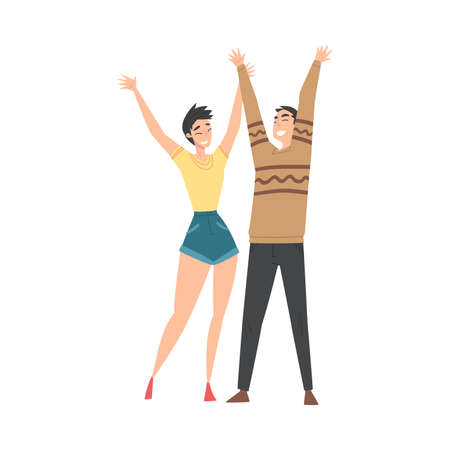 Excited Man and Woman Standing with Raising Hands Celebrating Success Vector Illustrationのイラスト素材