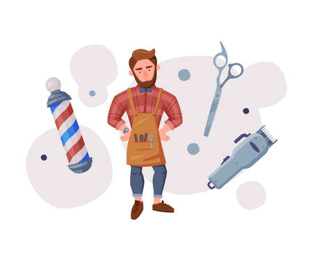 Professional Bearded Male Barber with Tools Set, Barber Supplies for Styling Professional Haircut Cartoon Vector Illustrationのイラスト素材