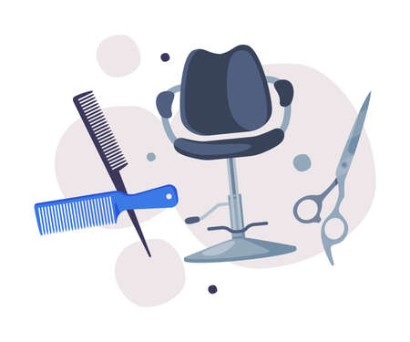 Hairdresser Tools Set, Barber Supplies for Styling Professional Haircut, Scissors, Comb, Barber Chair Cartoon Vector Illustration.のイラスト素材