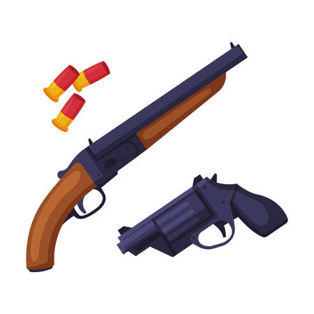 Weapon Set, Shotgun, Gun and Bullets, Hunting Tackles and Equipment Flat Style Vector Illustrationのイラスト素材