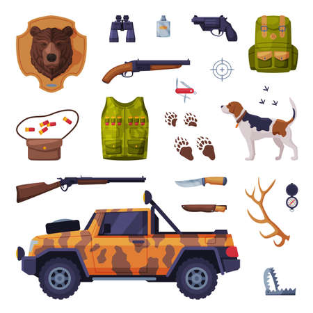 Hunting Attributes Set, Hunter Tackles and Equipment Flat Vector Illustrationのイラスト素材