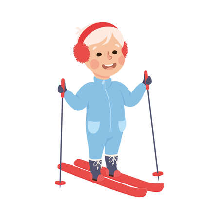 Cute Boy Skiing, Winter Outdoor Activity, Kid Doing Sports, Active Healthy Lifestyle Concept Cartoon Style Vector Illustrationのイラスト素材