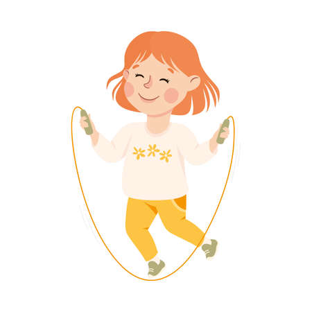 Cute Girl Jumping with Rope, Kid Doing Sports, Active Healthy Lifestyle Concept Cartoon Style Vector Illustrationのイラスト素材