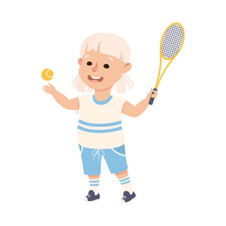 Cute Girl Playing Table Tennis, Kid Doing Sports, Active Healthy Lifestyle Concept Cartoon Style Vector Illustrationのイラスト素材