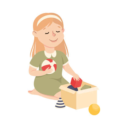 Cute Girl Cleaning Up His Toys, Kid Helping her Parents with Housework or Doing Household Chores Cartoon Style Vector Illustrationのイラスト素材