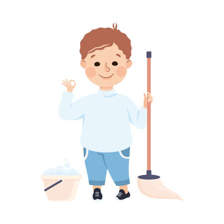 Cute Boy Mopping the Floor, Kid Helping his Parents with Housework or Doing Household Chores Cartoon Style Vector Illustrationのイラスト素材