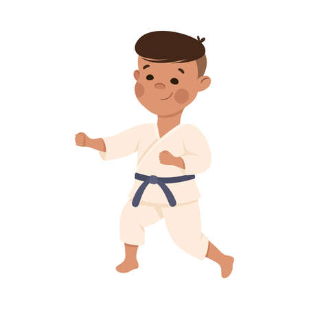 Cute Boy Doing Karate, Kid in Kimono Doing Sports, Active Healthy Lifestyle Concept Cartoon Style Vector Illustrationのイラスト素材