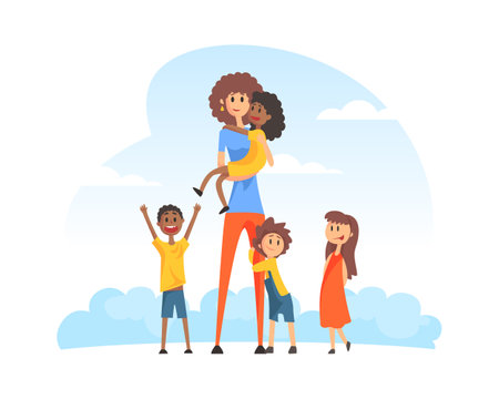 Cheerful Kindergarten Teacher Walking with Cute Kids Cartoon Vector Illustrationのイラスト素材