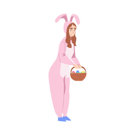Girl Wearing Pink Bunny Costume Carrying Wicker Basket with Easter Eggs, Happy Easter Concept Cartoon Style Vector Illustrationのイラスト素材