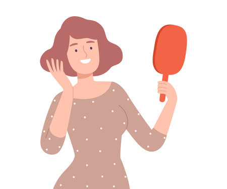 Young Woman Touching her Hair while Looking at herself at Mirror Cartoon Style Vector Illustrationのイラスト素材