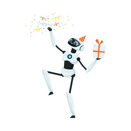 Humanoid or Robotic Device with Iron Limbs Celebrating Birthday Vector Illustrationのイラスト素材