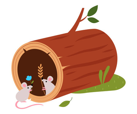 Funny Mice as Forest Animal Pepped Out from Hollow Log Vector Illustrationのイラスト素材