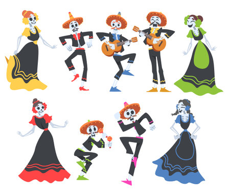 Skeletons in Mexican Traditional Costumes Dancing and Playing Music Instruments Set, Day of the Dead Cartoon Style Vector Illustrationのイラスト素材