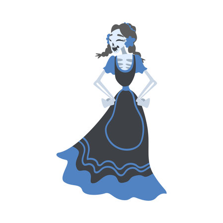 Woman Skeleton in Mexican Traditional Black and Blue Dress Dancing, Dia de Muertos, Day of the Dead Cartoon Style Vector Illustrationのイラスト素材