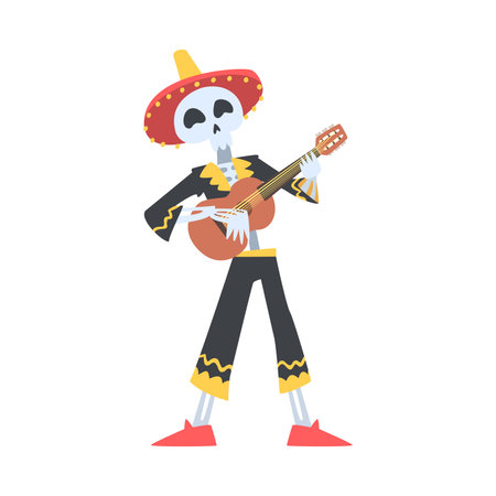 Man Skeleton in Mexican Traditional Costume and Sombrero Hat Playing Guitar and Dancing, Dia de Muertos Cartoon Style Vector Illustrationのイラスト素材