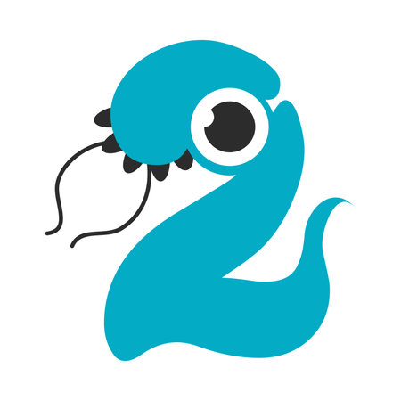 Number Two Cute Blue Monster, Funny Fantasy Creature Character, 2 Numeral, Mathematics, Learning Material for Kids Cartoon Style Vector Illustrationのイラスト素材