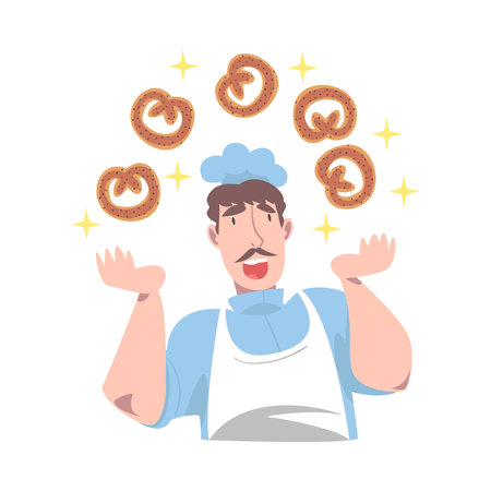 Chef Juggling with Bagels, Cook Character in Hat and Apron Cooking in the Kitchen Cartoon Style Vector Illustrationのイラスト素材
