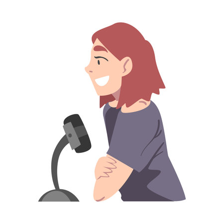 Girl Radio Host Communicating in Studio, Cheerful Young Woman Recording Podcast with Microphone Cartoon Style Vector Illustrationのイラスト素材