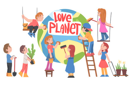 Love Planet Concept, Cute Kids Taking Care about Ecology, Conservation of Planet Resources, Environmental Protection Cartoon Vector Illustrationのイラスト素材