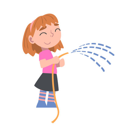 Girl Holding Spray Water Hose, Taking Care about Ecology, Conservation of Planet Resources, Environmental Protection Concept Cartoon Vector Illustrationのイラスト素材