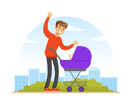 Young Man Parent Walking Outdoor with Baby Carriage Vector Illustrationのイラスト素材